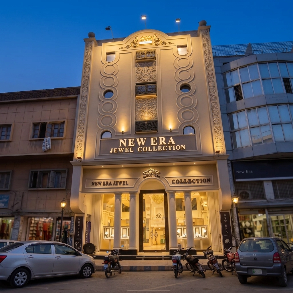 Modern New Era Jewellers boutique interior with illuminated gold jewellery displays