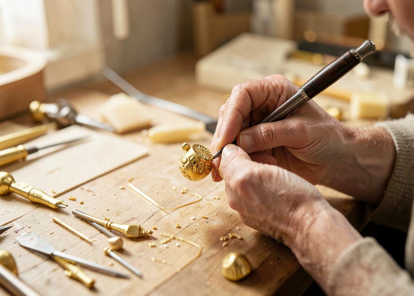 Goldsmith hand-engraving a gold ornament at a workbench