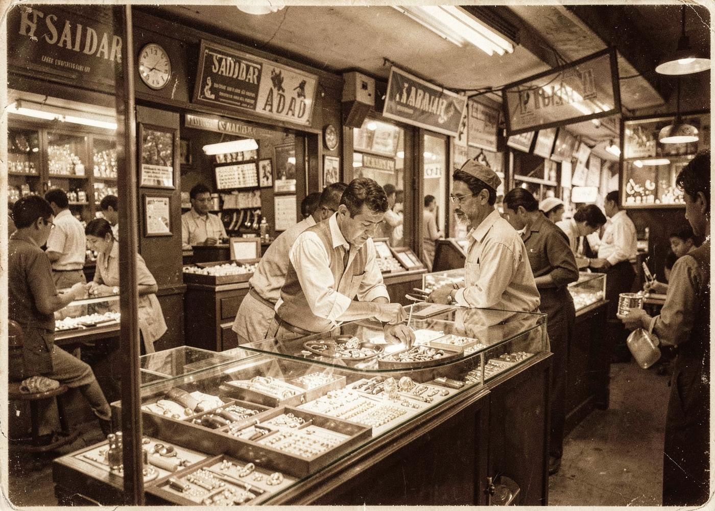 Vintage photograph of the New Era family jewellery boutique counter in Saddar, Karachi