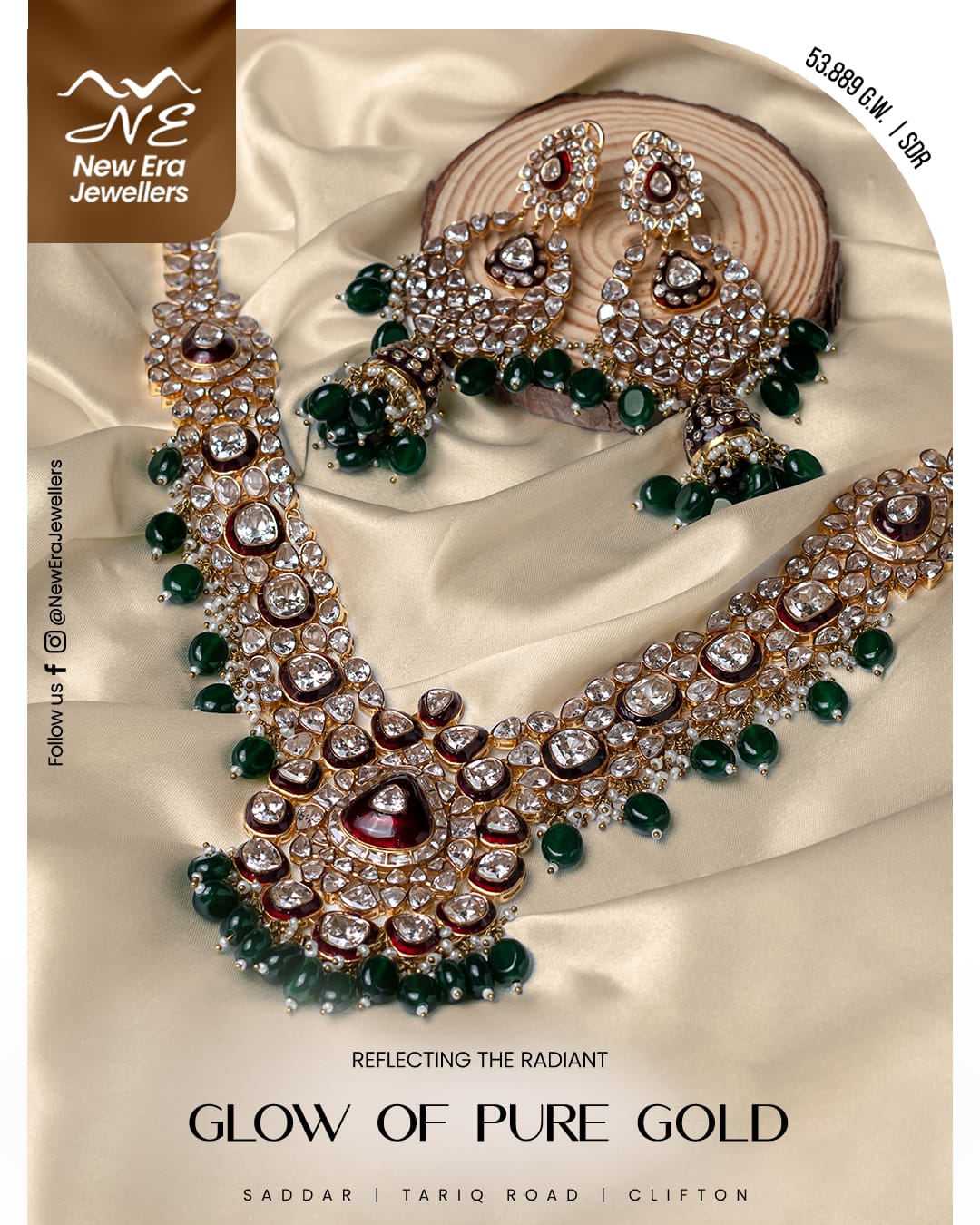 Emerald and Burgundy Gold Necklace Set — 21K gold necklace, 53.89g