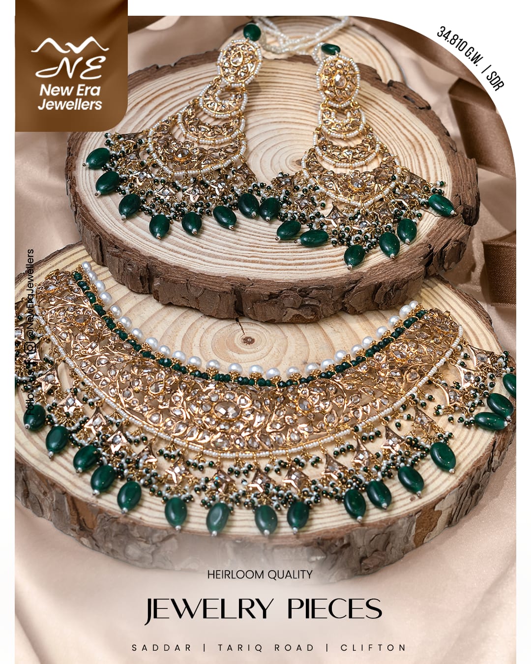 Green-Accented Layered Bridal Necklace — 21K gold necklace, 34.81g