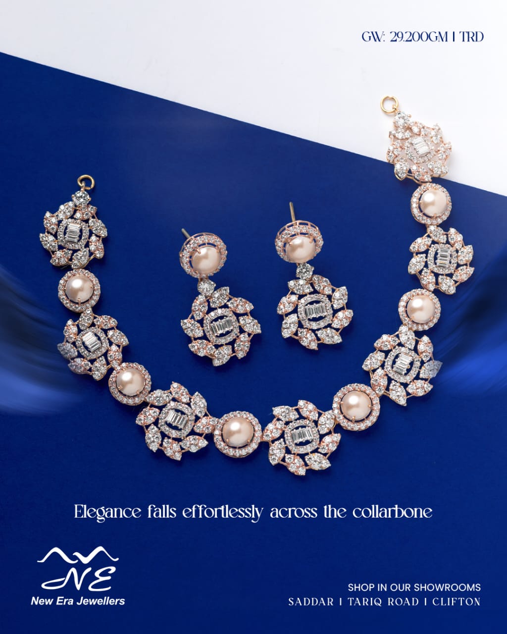 Rose-Tone and Pearl-Detail Necklace Set — 21K gold necklace, 29.20g