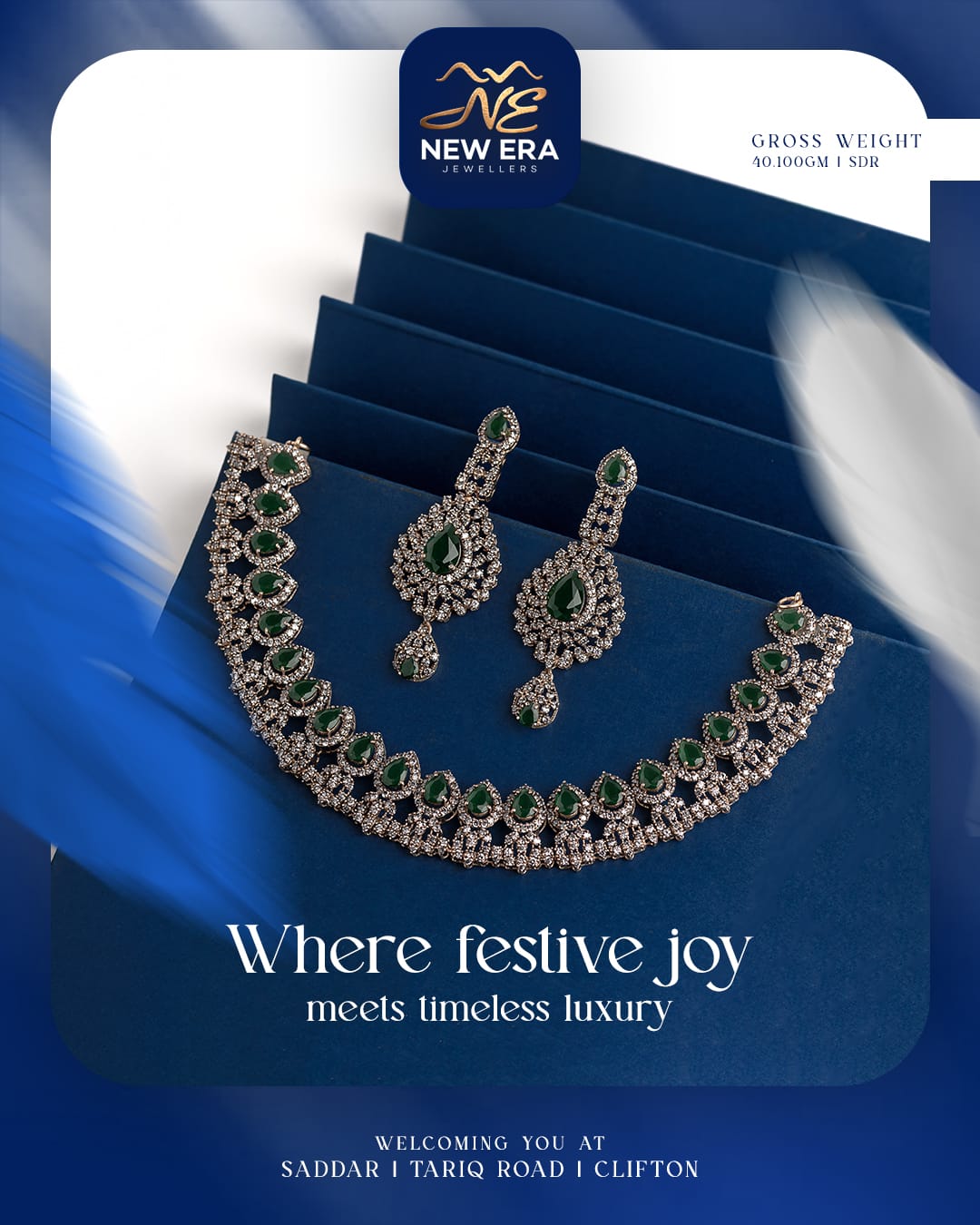 Green-Accent Festive Necklace Set — 21K gold necklace, 40.10g